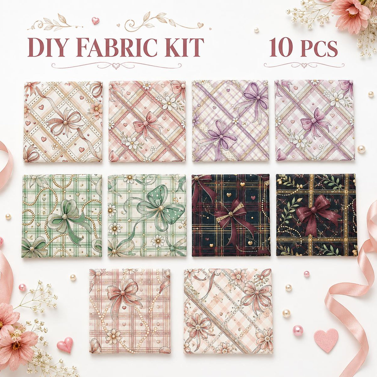 10Pc/Set Flower Plaid Bow Series Fat Quarter Fabric, Pre-Cut Square Fabric Assort, Fabric Set, Craft Fabric, Handmade DIY Patchwork Fabric,Home Quilting Sewing Fabric, Packaging Fabric, Scrapbooking Craft Hobbyist
