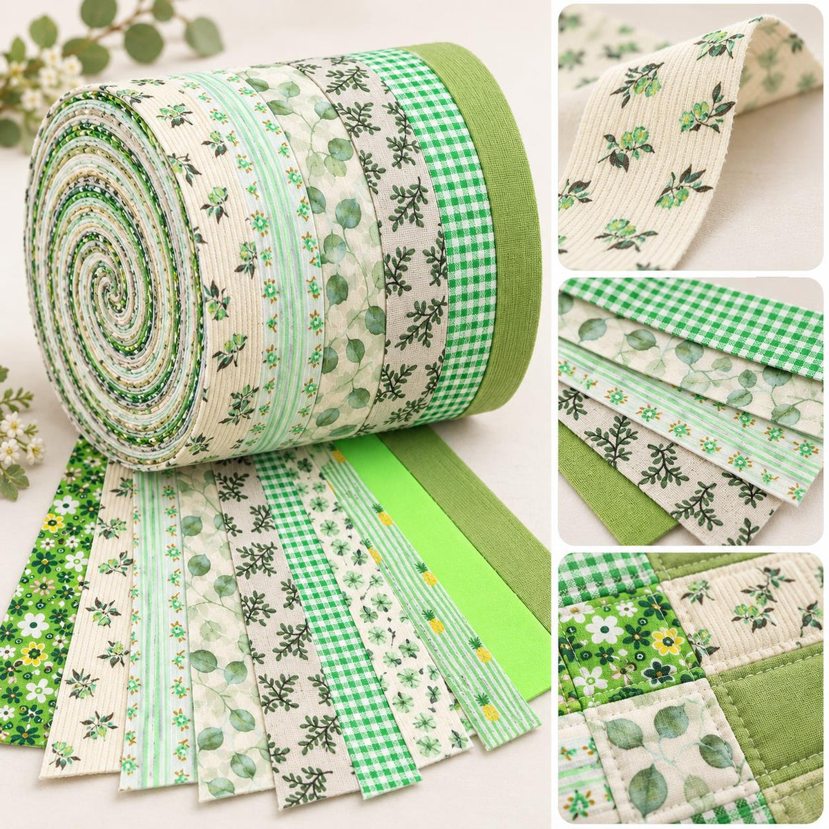 10pcs Vintage Green Flower Jelly Roll Fabric Strips 2.5X19.7inch Pre-cut 100% Polyester for Patchwork Quilts, Table Runners, Placemats, Tote Bags, Storage Pouches, Makeup Bags, Coasters, Quilt Blocks & Binding