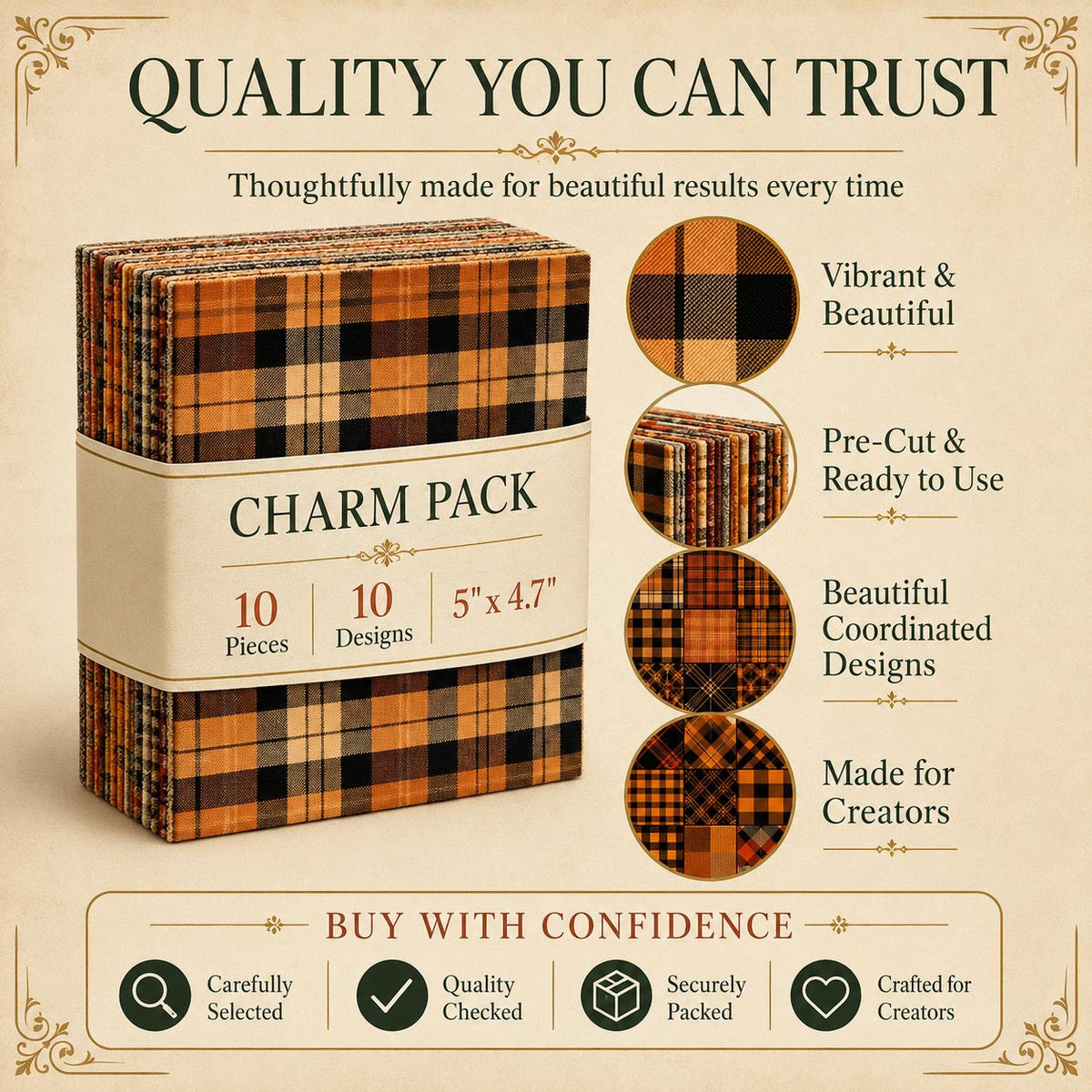 10pcs Charm Pack Set Plaid Pattern Vintage Style Handmade DIY with Rich Color and Texture Elements 100% Polyester Patchwork in 10 Design Styles Suitable for Patchwork DIY Craft Projects DIY Wallet Making Gift Giving Bag Making Mother's Day Gift