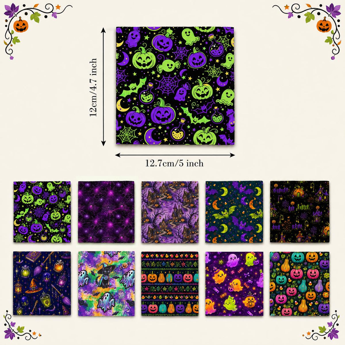 10pcs Charm Pack Set Pumpkin Ghost Halloween Pattern Vintage Style Handmade DIY with Rich Color and Texture Elements 100% Polyester Patchwork in 10 Design Styles Suitable for Patchwork DIY Craft Projects DIY Wallet Making Gift Giving Bag Making Mother's D