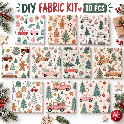 10Pc/Set Christmas Series Star Car Tree Gift Crutch Fat Quarter Fabric, Pre-Cut Square Fabric Assort, Fabric Set, Craft Fabric, Handmade DIY Patchwork Fabric,Home Quilting Sewing Fabric, Packaging Fabric, Scrapbooking Craft Hobbyist
