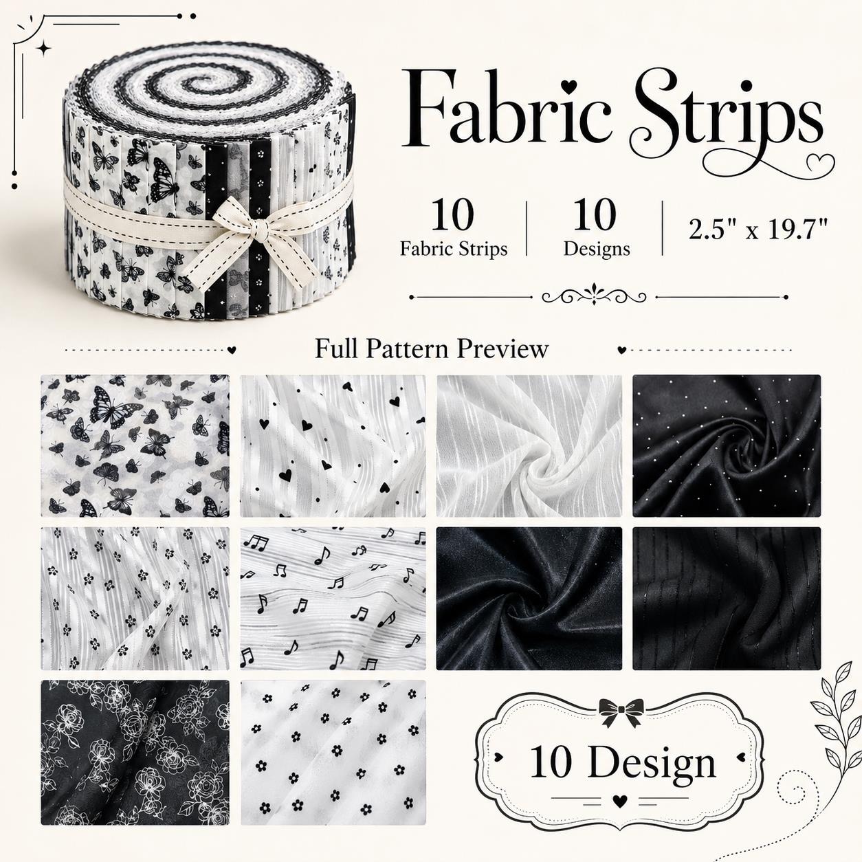 10Pc/Set, Making 10 Images 1pc Each, Each Size: 6.3*50cm Butterfly Floral Heart Black and White Series Sliced Fabric Set Style Combination, Polyester Jelly Roll Fabric Strips, Pre-Cut Quilting Squares, For Quilting DIY, Handicrafts And Sewing, Blankets