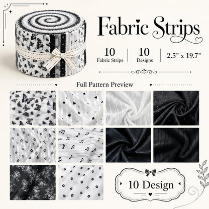 10Pc/Set, Making 10 Images 1pc Each, Each Size: 6.3*50cm Butterfly Floral Heart Black and White Series Sliced Fabric Set Style Combination, Polyester Jelly Roll Fabric Strips, Pre-Cut Quilting Squares, For Quilting DIY, Handicrafts And Sewing, Blankets