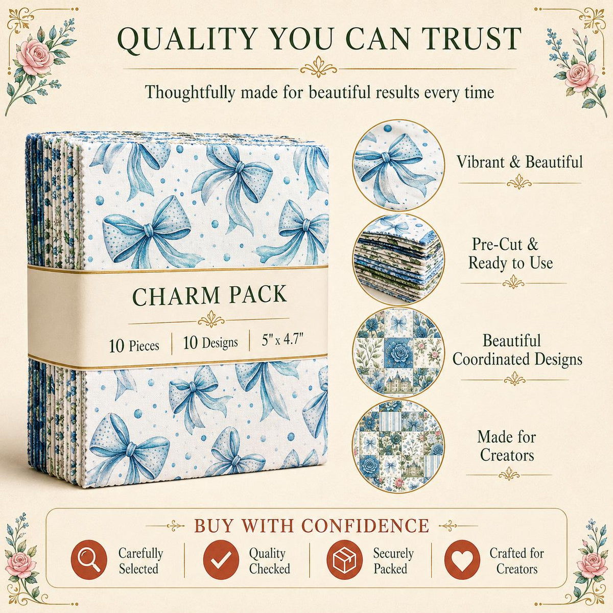 10pcs Charm Pack Set Floral Rose Bow Pattern Vintage Style Handmade DIY with Rich Color and Texture Elements 100% Polyester Patchwork in 10 Design Styles Suitable for Patchwork DIY Craft Projects DIY Wallet Making Gift Giving Bag Making Mother's Day Gift