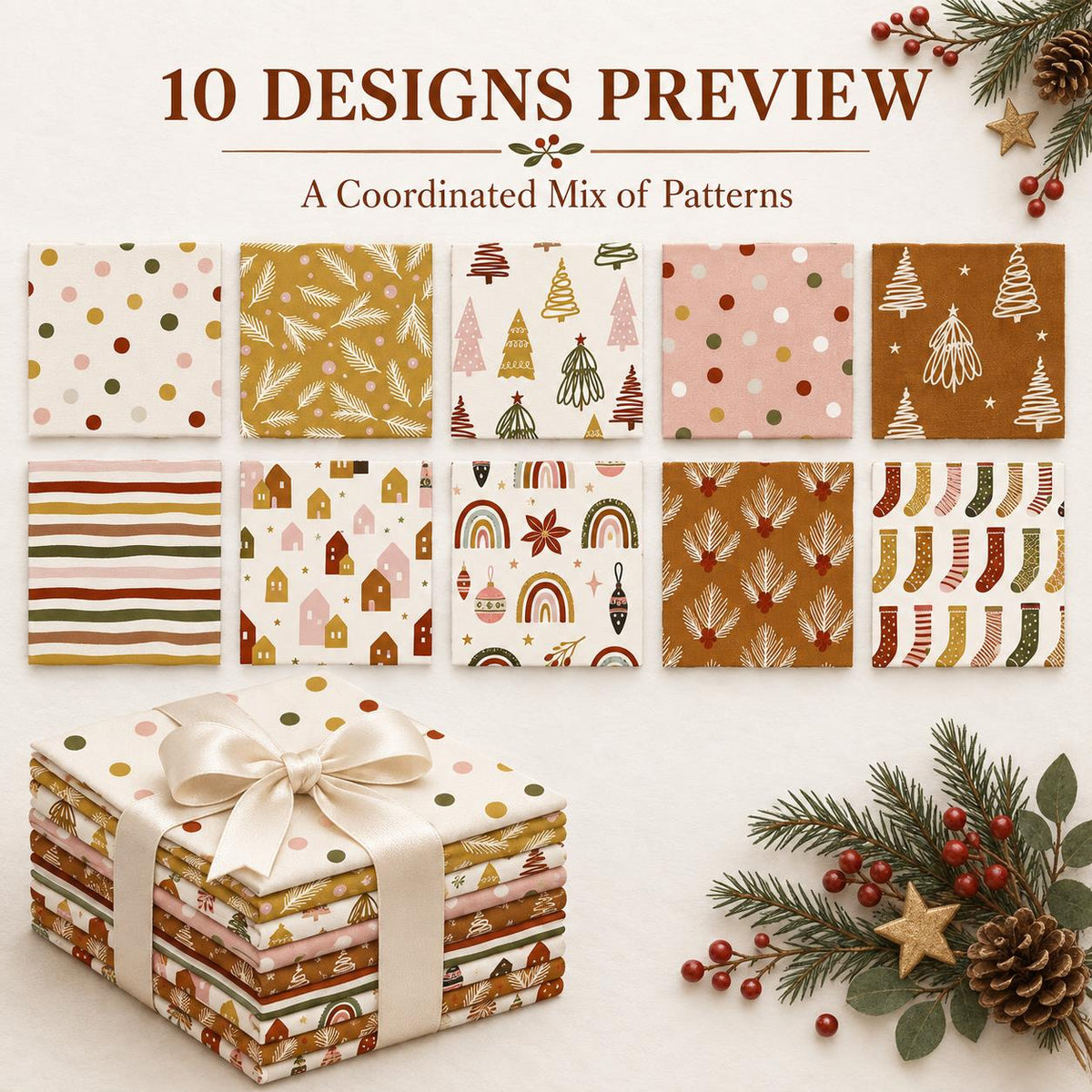 10Pc/Set Christmas Series Dot Tree House Star Stripe Fat Quarter Fabric, Pre-Cut Square Fabric Assort, Fabric Set, Craft Fabric, Handmade DIY Patchwork Fabric,Home Quilting Sewing Fabric, Packaging Fabric, Scrapbooking Craft Hobbyist