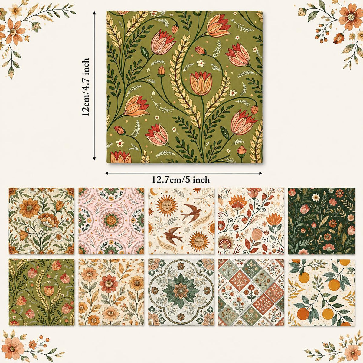 10pcs Charm Pack Set Floral Pattern 100% Polyester Patchwork in 10 Design Styles, Ready-to-Sew Without Cutting, Suitable For Patchwork Wallet Making Gift Giving Tote Bags Coasters DIY Craft Projects