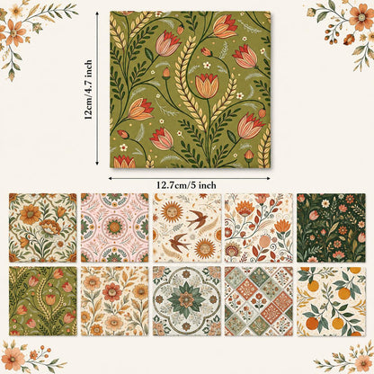 10pcs Charm Pack Set Floral Pattern 100% Polyester Patchwork in 10 Design Styles, Ready-to-Sew Without Cutting, Suitable For Patchwork Wallet Making Gift Giving Tote Bags Coasters DIY Craft Projects