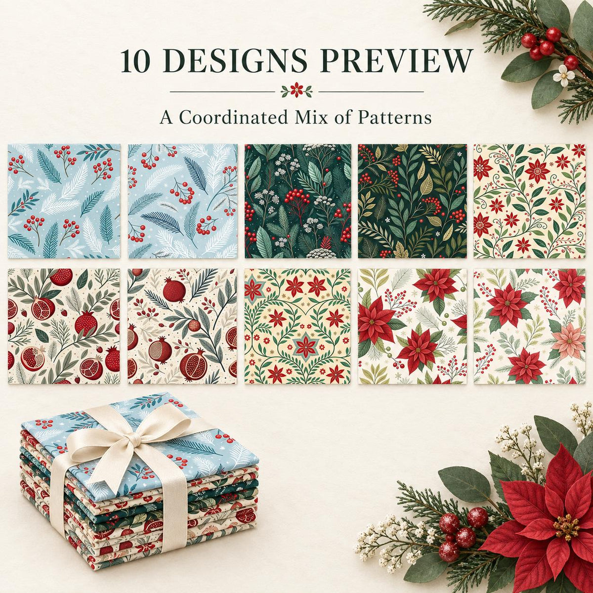 10Pc/Set Christmas Series Flower Pomegranate Holly Fat Quarter Fabric, Pre-Cut Square Fabric Assort, Fabric Set, Craft Fabric, Handmade DIY Patchwork Fabric,Home Quilting Sewing Fabric, Packaging Fabric, Scrapbooking Craft Hobbyist