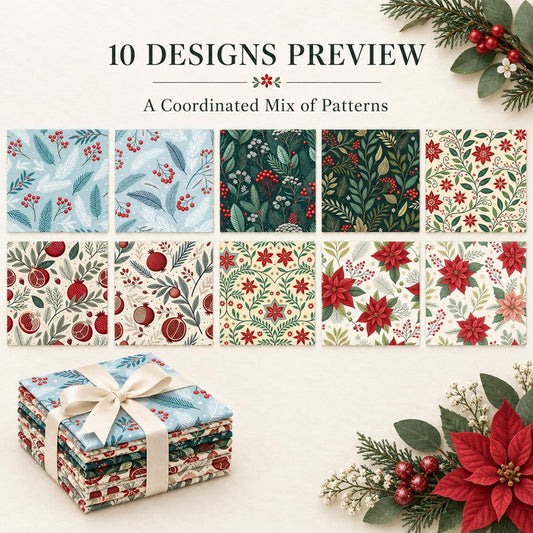 10Pc/Set Christmas Series Flower Pomegranate Holly Fat Quarter Fabric, Pre-Cut Square Fabric Assort, Fabric Set, Craft Fabric, Handmade DIY Patchwork Fabric,Home Quilting Sewing Fabric, Packaging Fabric, Scrapbooking Craft Hobbyist