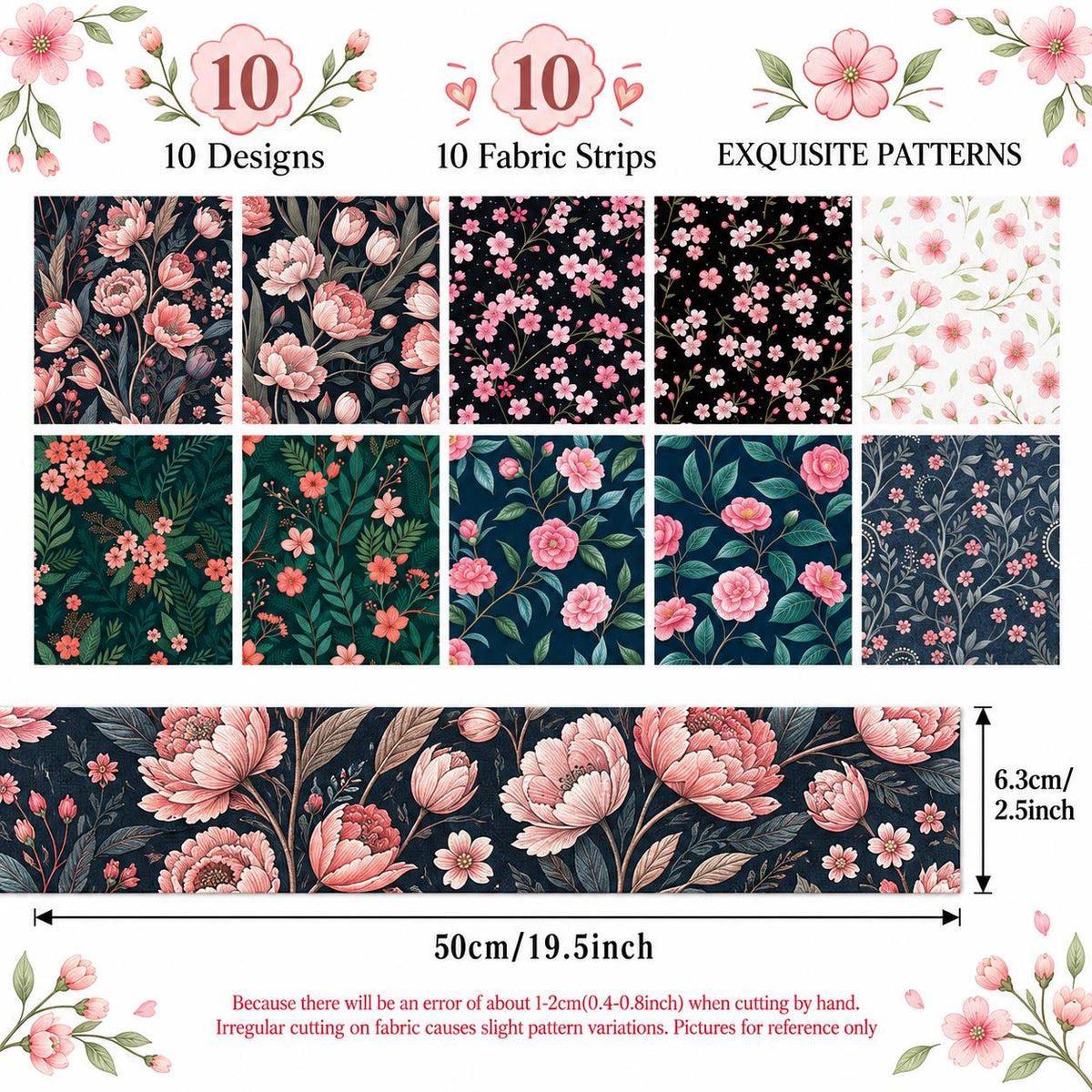10pcs Vintage Floral Pattern Jelly Roll Fabric Strips 2.5X19.7inch Pre-Cut 100% Polyester For Patchwork Quilts, Table Runners, Placemats, Tote Bags, Storage Pouches, Makeup Bags, Coasters, Quilt Blocks & Binding