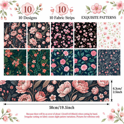 10pcs Vintage Floral Pattern Jelly Roll Fabric Strips 2.5X19.7inch Pre-Cut 100% Polyester For Patchwork Quilts, Table Runners, Placemats, Tote Bags, Storage Pouches, Makeup Bags, Coasters, Quilt Blocks & Binding