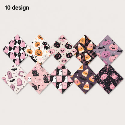 10pcs Charm Pack Set  Bat Ghost Cat Pumpkin Halloween Vintage Style Pattern Handmade DIY with Rich Color and Texture Elements 100% Polyester Patchwork in 10 Design Styles Suitable for Patchwork DIY Craft Projects DIY Wallet Making Gift Giving Bag Making