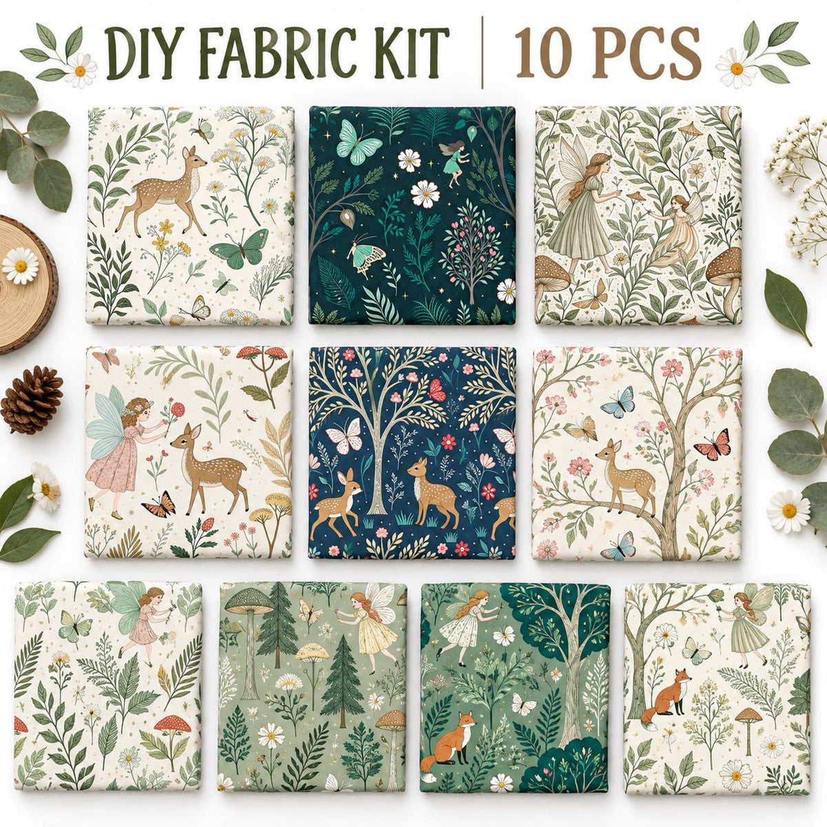 10Pc/Set Flower Butterfly Series Deer Mushroom Fox Fat Quarter Fabric, Pre-Cut Square Fabric Assort, Fabric Set, Craft Fabric, Handmade DIY Patchwork Fabric,Home Quilting Sewing Fabric, Packaging Fabric, Scrapbooking Craft Hobbyist