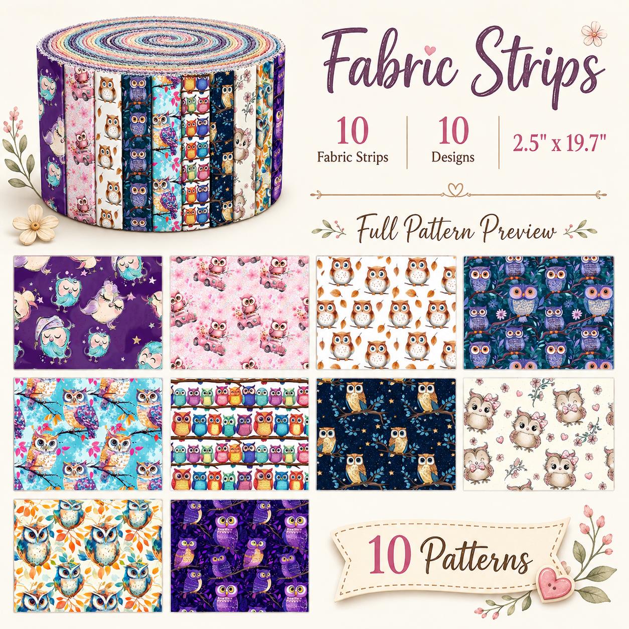 10Pc/Set, Making 10 Images 1pc Each, Each Size: 6.3*50cm Owl Animal Series Sliced Fabric Set Style Combination, Polyester Jelly Roll Fabric Strips, Pre-Cut Quilting Squares, For Quilting DIY, Handicrafts And Sewing, Blankets, Rugs, Interior Decoration