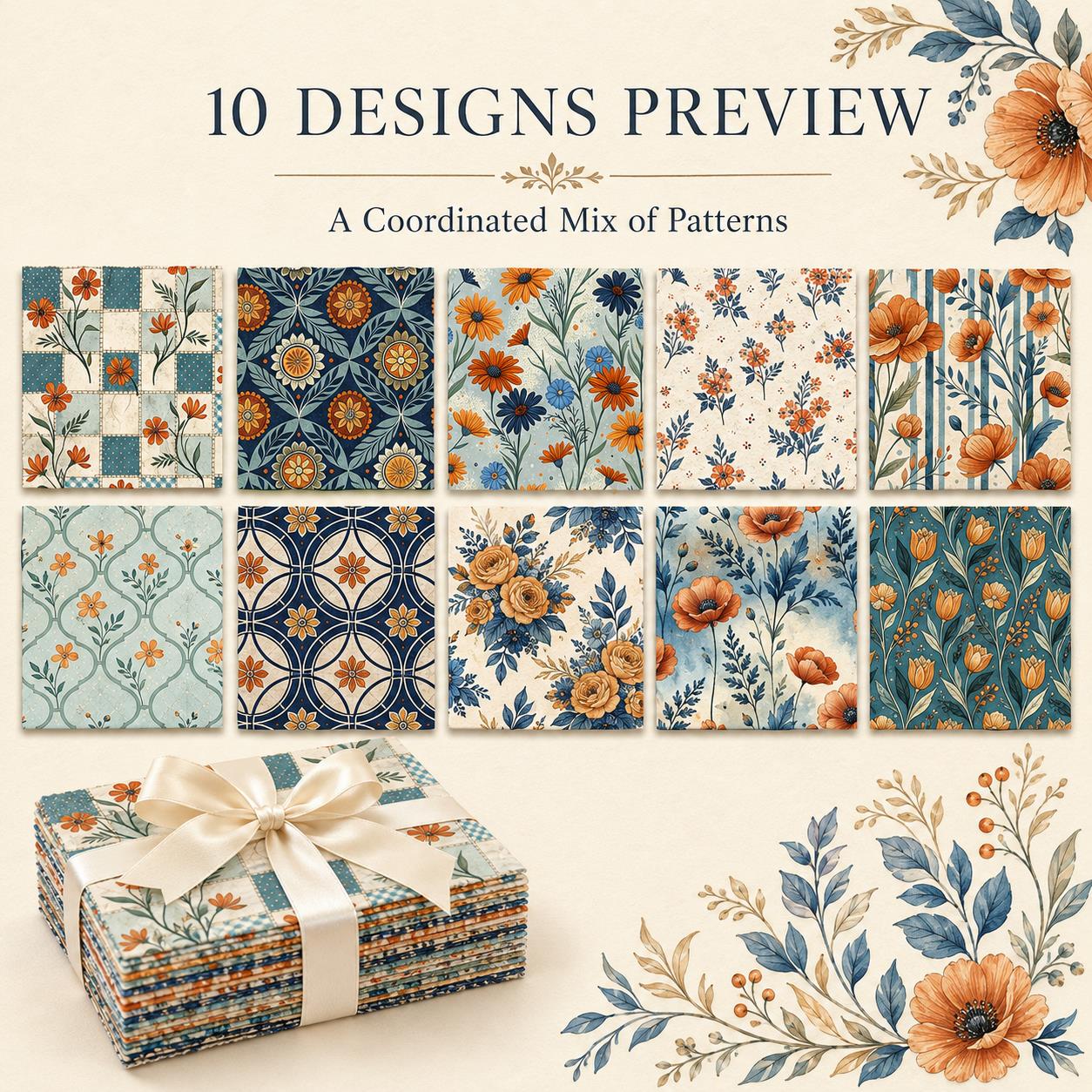 10Pc/Set Flower Plaid Daisy Blue Series Fat Quarter Fabric, Pre-Cut Square Fabric Assort, Fabric Set, Craft Fabric, Handmade DIY Patchwork Fabric,Home Quilting Sewing Fabric, Packaging Fabric, Scrapbooking Craft Hobbyist