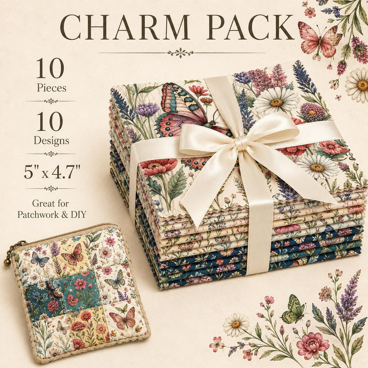 10pcs Charm Pack Set Floral Butterfly Pattern Vintage Style Handmade DIY with Rich Color and Texture Elements 100% Polyester Patchwork in 10 Design Styles Suitable for Patchwork DIY Craft Projects DIY Wallet Making Gift Giving Bag Making Mother's Day Gift