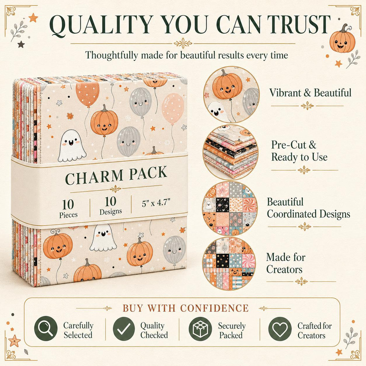 10pcs Charm Pack Set Pumpkin Ghost Halloween Vintage Style Pattern Handmade DIY with Rich Color and Texture Elements 100% Polyester Patchwork in 10 Design Styles Suitable for Patchwork DIY Craft Projects DIY Wallet Making Gift Giving Bag Making Mother's D