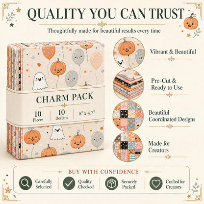 10pcs Charm Pack Set Pumpkin Ghost Halloween Vintage Style Pattern Handmade DIY with Rich Color and Texture Elements 100% Polyester Patchwork in 10 Design Styles Suitable for Patchwork DIY Craft Projects DIY Wallet Making Gift Giving Bag Making Mother's D