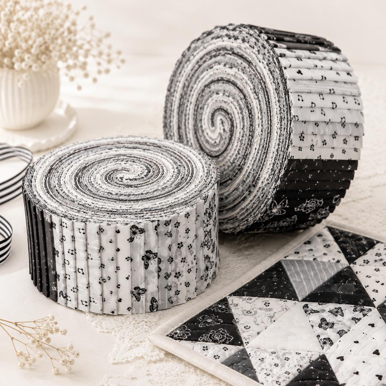10Pc/Set, Making 10 Images 1pc Each, Each Size: 6.3*50cm Butterfly Floral Heart Black and White Series Sliced Fabric Set Style Combination, Polyester Jelly Roll Fabric Strips, Pre-Cut Quilting Squares, For Quilting DIY, Handicrafts And Sewing, Blankets