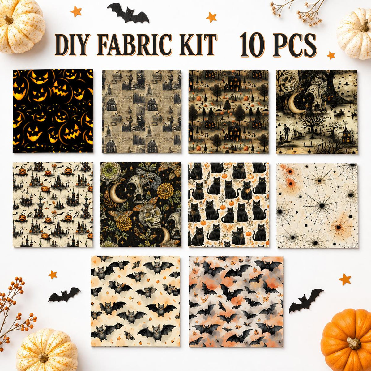 10Pc/Set Halloween Skull Cat Bat Spider Web Witch Pumpkin Series Fat Quarter Fabric, Pre-Cut Square Fabric Assort, Fabric Set, Craft Fabric, Handmade DIY Patchwork Fabric,Home Quilting Sewing Fabric, Packaging Fabric, Scrapbooking Craft Hobbyist