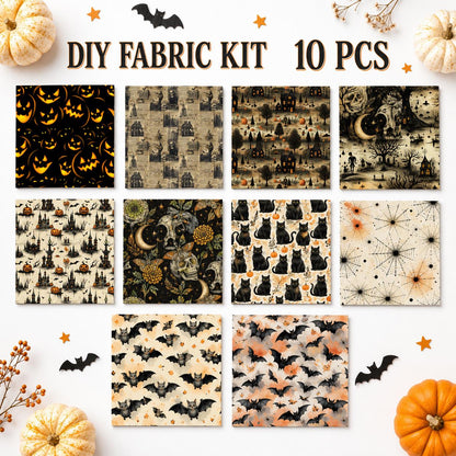 10Pc/Set Halloween Skull Cat Bat Spider Web Witch Pumpkin Series Fat Quarter Fabric, Pre-Cut Square Fabric Assort, Fabric Set, Craft Fabric, Handmade DIY Patchwork Fabric,Home Quilting Sewing Fabric, Packaging Fabric, Scrapbooking Craft Hobbyist