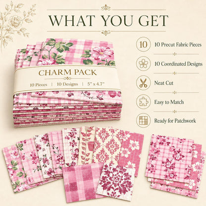 10pcs Charm Pack Set Pink Flower Pattern Vintage Style Pattern Handmade DIY with Rich Color and Texture Elements 100% Polyester Patchwork in 10 Design Styles Suitable for Patchwork DIY Craft Projects DIY Wallet Making Gift Giving Bag Making Mother's Day G