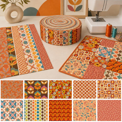 10pcs Vintage Floral Orange Pattern Jelly Roll Fabric Strips 2.5X19.7inch Pre-cut 100% Polyester for Patchwork Quilts, Table Runners, Placemats, Tote Bags, Storage Pouches, Makeup Bags, Coasters, Quilt Blocks & Binding