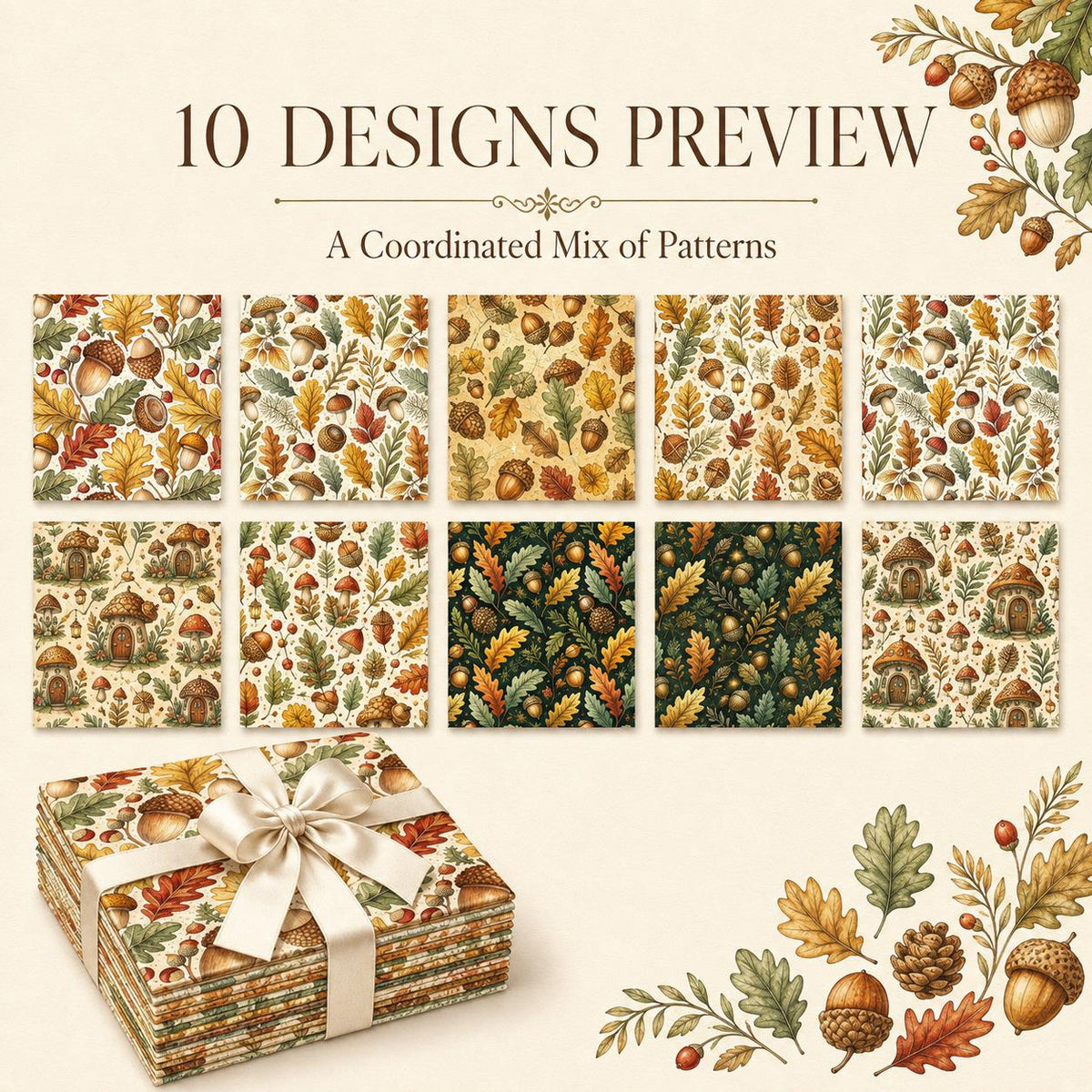 10Pc/Set Autumn Leaves Mushroom Pinecones Series Fat Quarter Fabric, Pre-Cut Square Fabric Assort, Fabric Set, Craft Fabric, Handmade DIY Patchwork Fabric,Home Quilting Sewing Fabric, Packaging Fabric, Scrapbooking Craft Hobbyist
