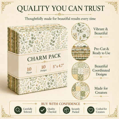 10pcs Charm Pack Set Green Floral Pattern 100% Polyester Patchwork in 10 Design Styles, Ready-to-Sew Without Cutting, Suitable For Patchwork Wallet Making Gift Giving Tote Bags Coasters DIY Craft Projects