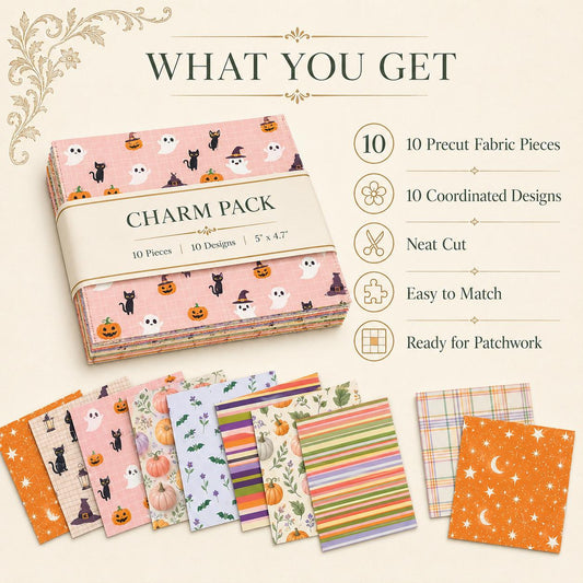 10pcs Charm Pack Set Star Moon Pumpkin Pattern Vintage Style Handmade DIY with Rich Color and Texture Elements 100% Polyester Patchwork in 10 Design Styles Suitable for Patchwork DIY Craft Projects DIY Wallet Making Gift Giving Bag Making Mother's Day Gif
