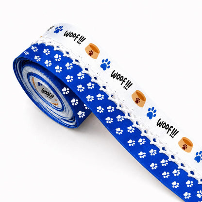 5 Yards Blue White Series Ribbon Adorned with Dog Paw Bones Pattern, Width 32mm/1.26-Inch, Two Ribbon Equipped with White Center Hook Edge, Ideal for Showcasing Jewelry And Wrapping Gifts, Creating Bows, Holiday Decorations