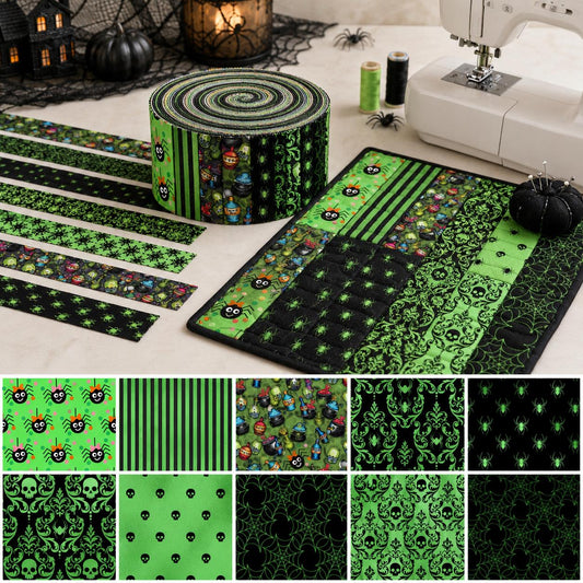 10pcs Vintage Spider Skull Green Halloween Theme Jelly Roll Fabric Strips 2.5X19.7inch Pre-Cut 100% Polyester For Patchwork Quilts, Table Runners, Placemats, Tote Bags, Storage Pouches, Makeup Bags, Coasters, Quilt Blocks & Binding