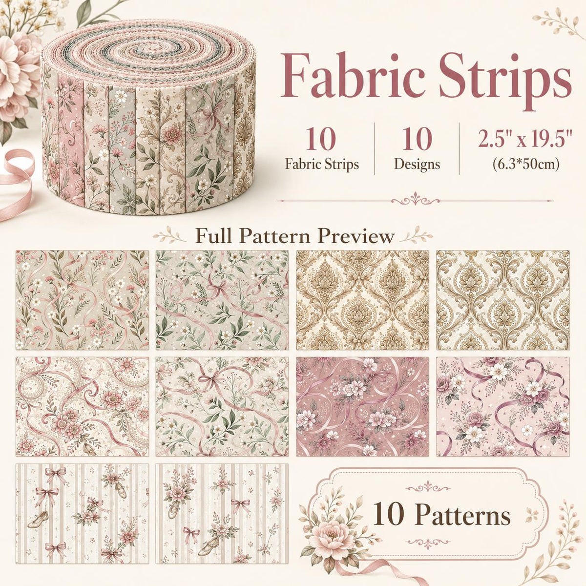 10pcs Vintage Floral Pattern Jelly Roll Fabric Strips 2.5X19.7inch Pre-Cut 100% Polyester For Patchwork Quilts, Table Runners, Placemats, Tote Bags, Storage Pouches, Makeup Bags, Coasters, Quilt Blocks & Binding