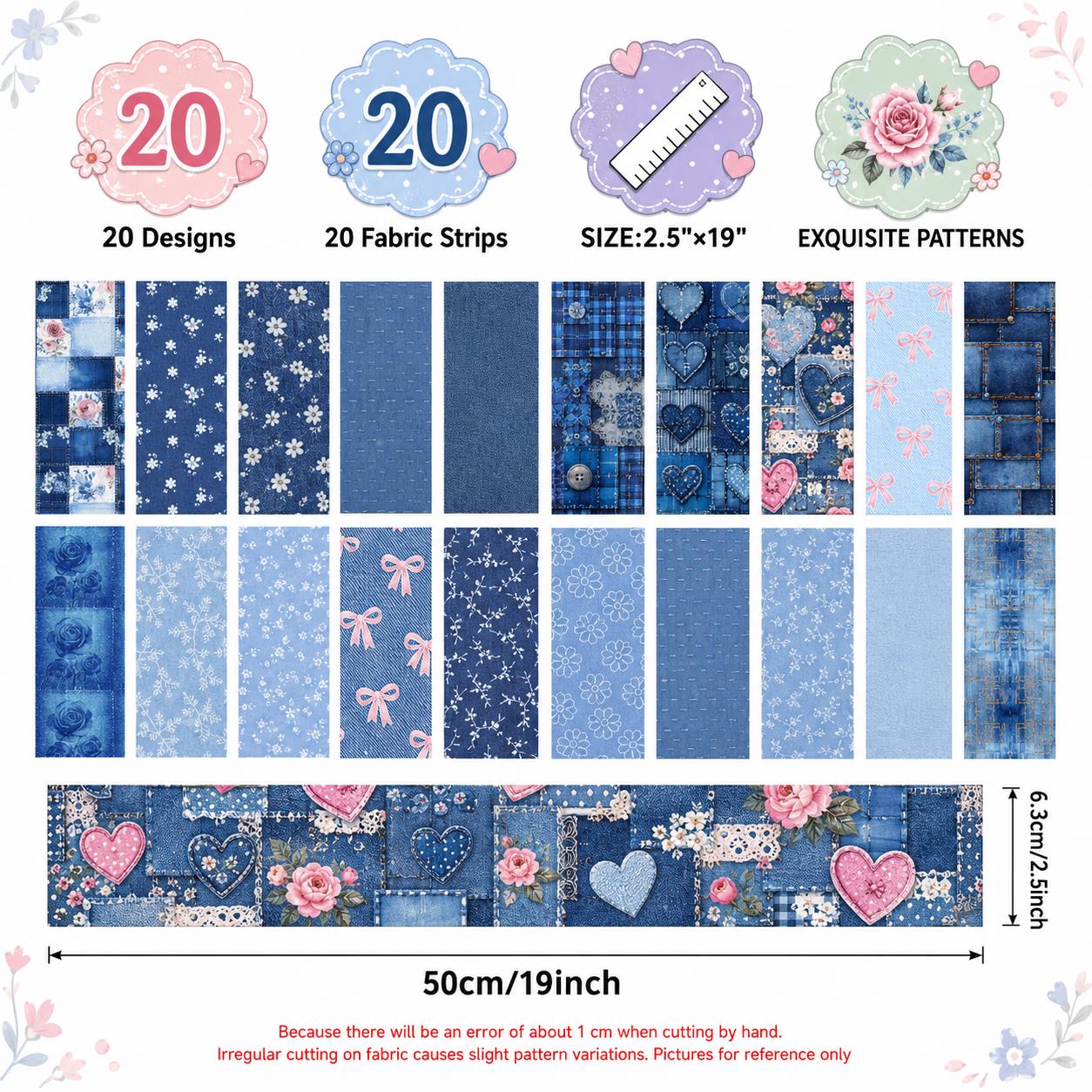 20pcs Vintage Denim Pattern Blue Series Jelly Roll Sliced Fabric Strips 2.5X19.7inch Pre-Cut Floral Bow Knot Printed Multi-Color 100% Polyester For DIY Handmade Patchwork, Table Runners, Placemats, Tote Bags, Storage Pouches, Makeup Bags, Coasters