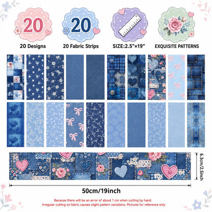 20pcs Vintage Denim Pattern Blue Series Jelly Roll Sliced Fabric Strips 2.5X19.7inch Pre-Cut Floral Bow Knot Printed Multi-Color 100% Polyester For DIY Handmade Patchwork, Table Runners, Placemats, Tote Bags, Storage Pouches, Makeup Bags, Coasters
