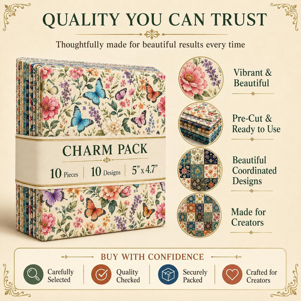10pcs Charm Pack Set Floral Butterfly Pattern Vintage Style Handmade DIY with Rich Color and Texture Elements 100% Polyester Patchwork in 10 Design Styles Suitable for Patchwork DIY Craft Projects DIY Wallet Making Gift Giving Bag Making Mother's Day Gift