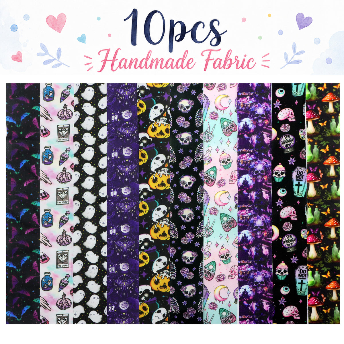 10Pc/Set, Making 10 Images 1pc Each, Each Size: 6.3*50cm Black Candy Skull Pumpkin Bat Ghost Halloween Series Sliced Fabric Set Style Combination, Polyester Jelly Roll Fabric Strips, Pre-Cut Quilting Squares, For Quilting DIY, Handicrafts And Sewing, Blan