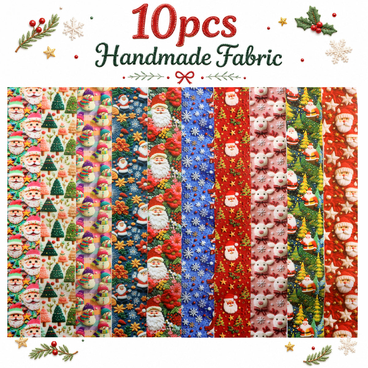 10pcs Vintage 2D Flat Christmas Santa Snowman Jelly Roll Fabric Strips 2.5X19.7inch Pre-cut 100% Polyester for Patchwork Quilts, Table Runners, Placemats, Tote Bags, Storage Pouches, Makeup Bags, Coasters, Quilt Blocks & Binding Multi-color