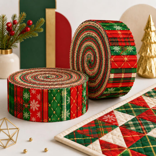 10pcs Vintage Plaid Christmas Red & Green Theme Jelly Roll Fabric Strips 2.5X19.7inch Pre-Cut 100% Polyester For Patchwork Quilts, Table Runners, Placemats, Tote Bags, Storage Pouches, Makeup Bags, Coasters, Quilt Blocks & Binding