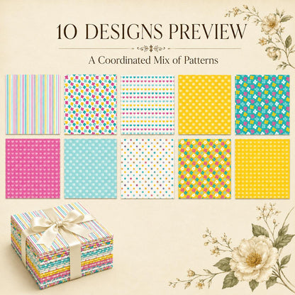 10Pc/Set Flower Heart Dot Stripe Series Fat Quarter Fabric, Pre-Cut Square Fabric Assort, Fabric Set, Craft Fabric, Handmade DIY Patchwork Fabric,Home Quilting Sewing Fabric, Packaging Fabric, Scrapbooking Craft Hobbyist