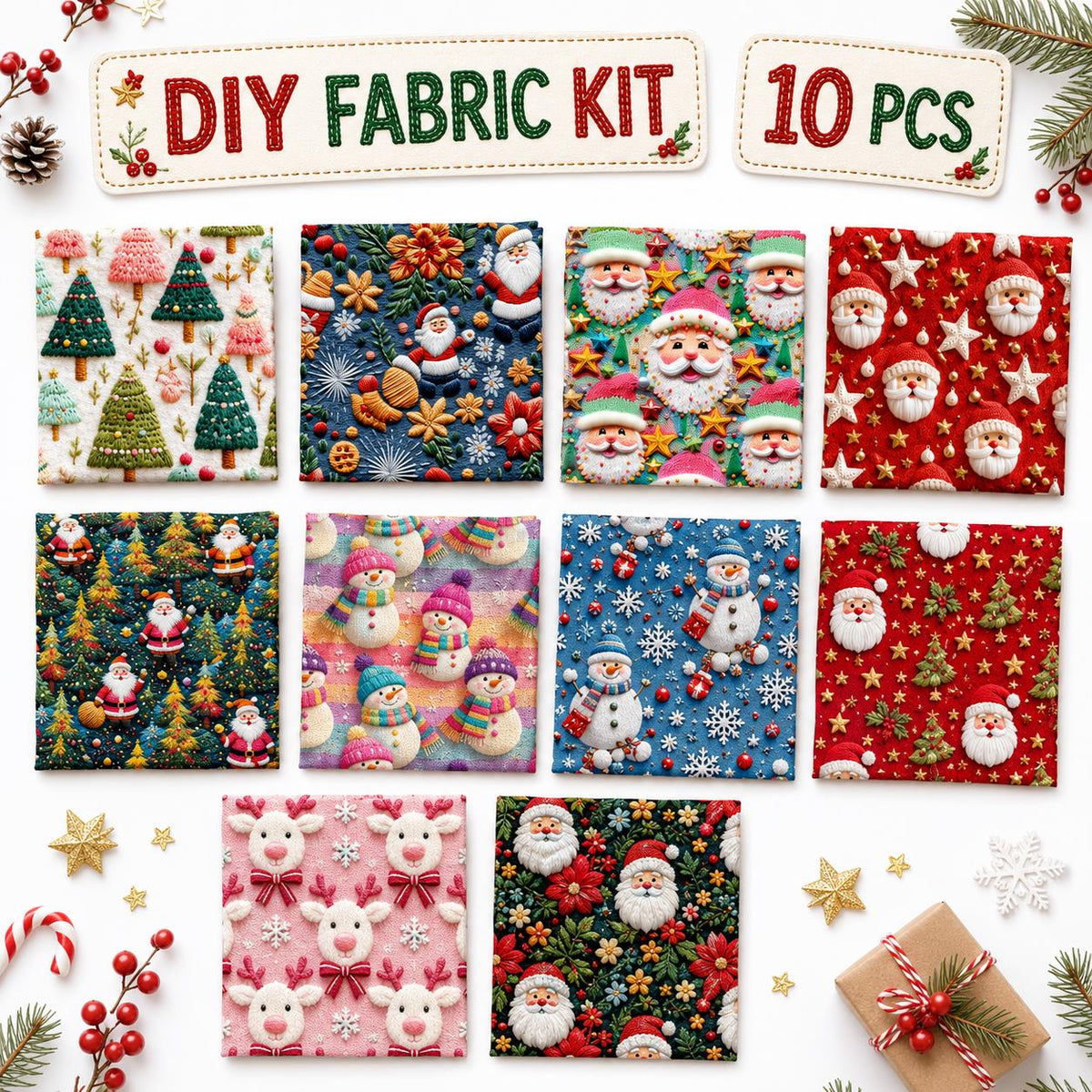 2D Flat 10Pc/Set Christmas Series Santa Claus Deer Holly Fat Quarter Fabric, Pre-Cut Square Fabric Assort, Fabric Set, Craft Fabric, Handmade DIY Patchwork Fabric,Home Quilting Sewing Fabric, Packaging Fabric, Scrapbooking Craft Hobbyist