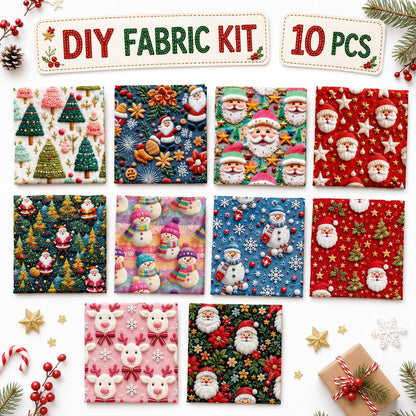 2D Flat 10Pc/Set Christmas Series Santa Claus Deer Holly Fat Quarter Fabric, Pre-Cut Square Fabric Assort, Fabric Set, Craft Fabric, Handmade DIY Patchwork Fabric,Home Quilting Sewing Fabric, Packaging Fabric, Scrapbooking Craft Hobbyist