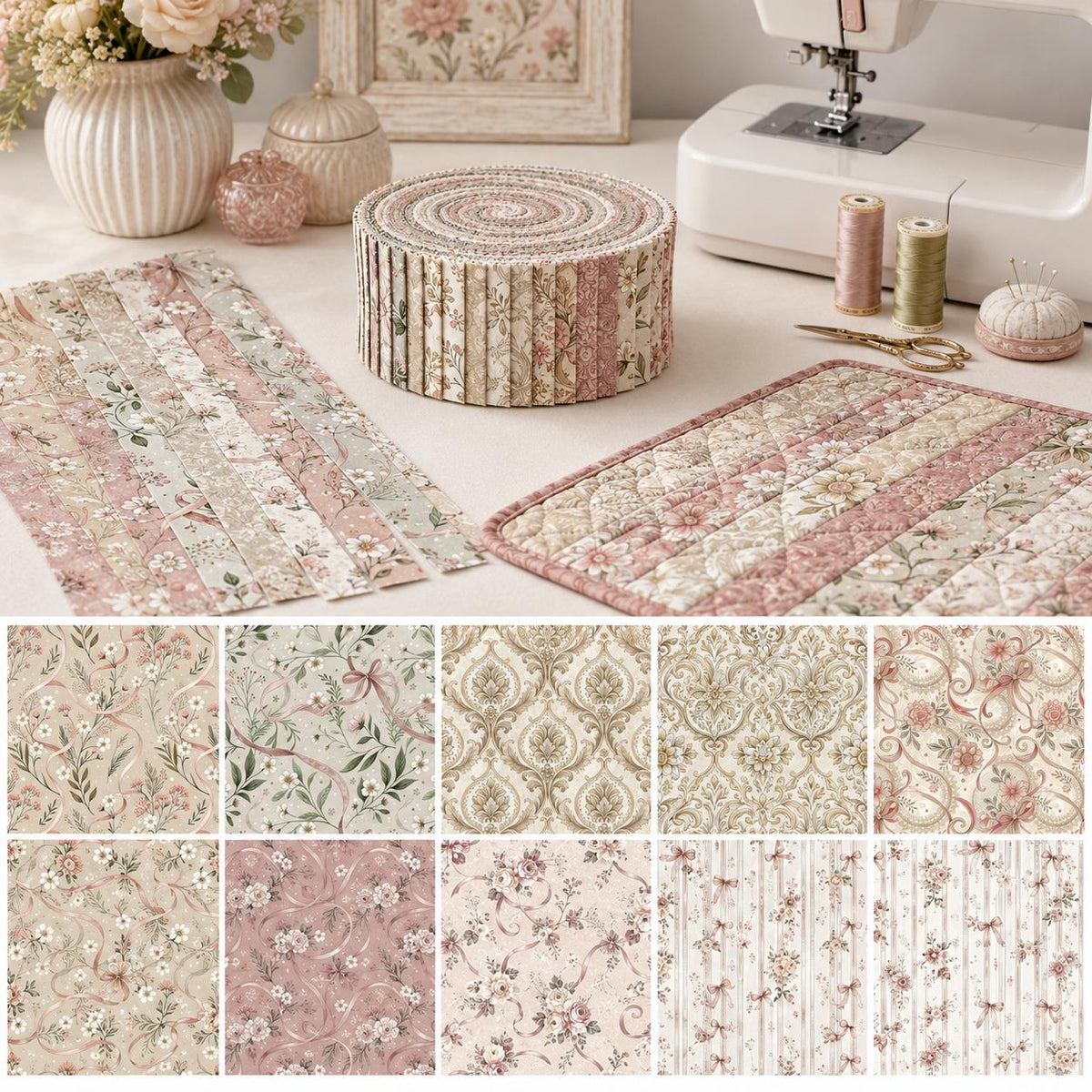 10pcs Vintage Floral Pattern Jelly Roll Fabric Strips 2.5X19.7inch Pre-Cut 100% Polyester For Patchwork Quilts, Table Runners, Placemats, Tote Bags, Storage Pouches, Makeup Bags, Coasters, Quilt Blocks & Binding