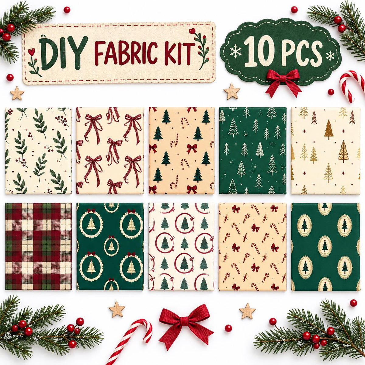 10Pc/Set Christmas Series Plaid Tree Bowknot Star Crutch Fat Quarter Fabric, Pre-Cut Square Fabric Assort, Fabric Set, Craft Fabric, Handmade DIY Patchwork Fabric,Home Quilting Sewing Fabric, Packaging Fabric, Scrapbooking Craft Hobbyist