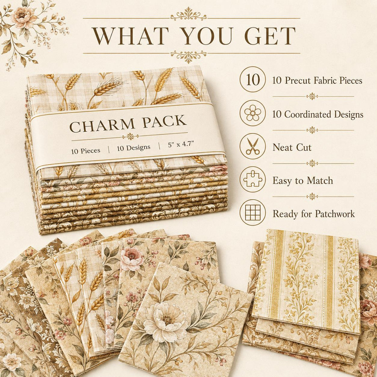 10pcS Charm Pack Set Floral Ear Of Wheat Pattern VIntage Style HAndmade DIY With Rich Color and Texture Elements 100% Polyester Patchwork in 10 Design Styles Suitable For Patchwork DIY Craft Projects DIY Wallet Making Gift Giving Bag Making Mother's Day G