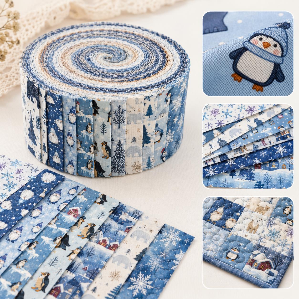 10pcs Vintage Penguin Snow Jelly Roll Fabric Strips 2.5X19.7inch Pre-Cut 100% Polyester For Patchwork Quilts, Table Runners, Placemats, Tote Bags, Storage Pouches, Makeup Bags, Coasters, Quilt Blocks & Binding Christmas Day Gift