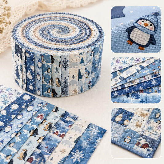 10pcs Vintage Penguin Snow Jelly Roll Fabric Strips 2.5X19.7inch Pre-Cut 100% Polyester For Patchwork Quilts, Table Runners, Placemats, Tote Bags, Storage Pouches, Makeup Bags, Coasters, Quilt Blocks & Binding Christmas Day Gift