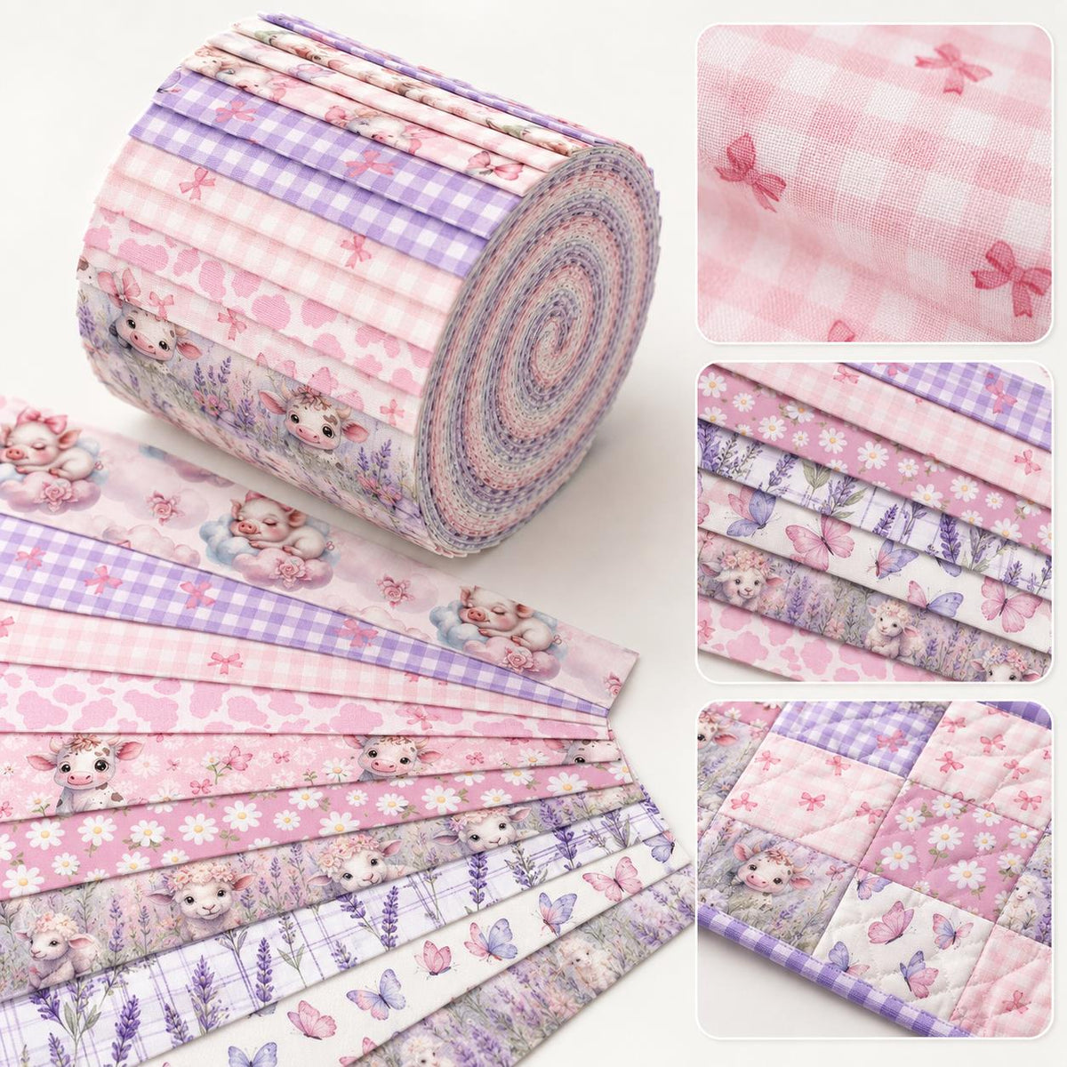 10pcs Vintage Lavender Cow Butterfly Pattern Jelly Roll Fabric Strips 2.5X19.7inch Pre-Cut 100% Polyester For Patchwork Quilts, Table Runners, Placemats, Tote Bags, Storage Pouches, Makeup Bags, Coasters, Quilt Blocks & Binding Multi-Color