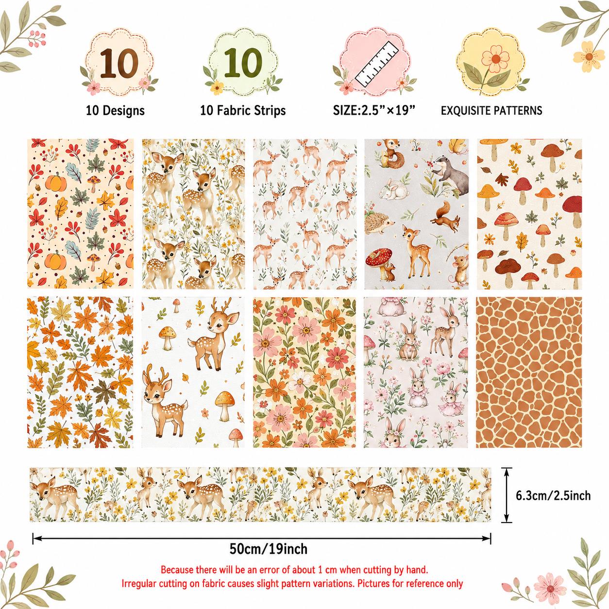10pcs Vintage Mushroom Deer Autumn Pattern Jelly Roll Fabric Strips 2.5X19.7inch Pre-cut 100% Polyester for Patchwork Quilts, Table Runners, Placemats, Tote Bags, Storage Pouches, Makeup Bags, Coasters, Quilt Blocks & Binding
