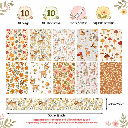 10pcs Vintage Mushroom Deer Autumn Pattern Jelly Roll Fabric Strips 2.5X19.7inch Pre-cut 100% Polyester for Patchwork Quilts, Table Runners, Placemats, Tote Bags, Storage Pouches, Makeup Bags, Coasters, Quilt Blocks & Binding